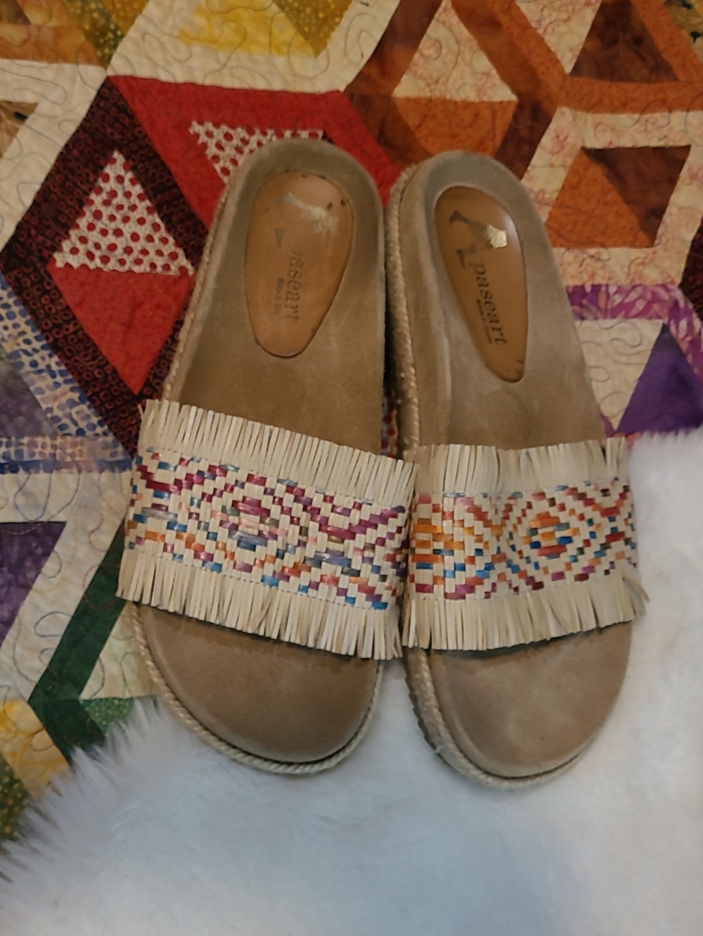 Paseart Tan Bohemian Hippie Colorful Slip On Fringe Slide Cozy Summer Sandals